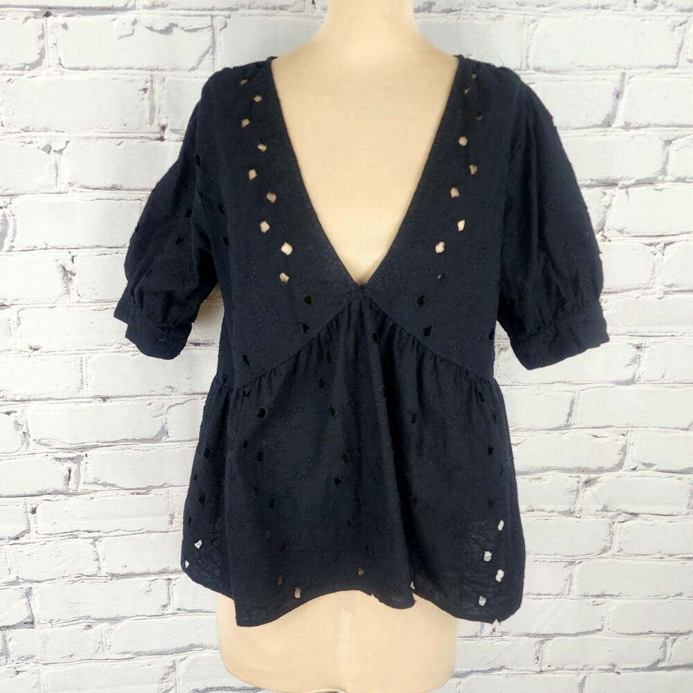 ASOS DESIGN Broderie Smock Top with Peplum Hem & Puff Sleeve Women 8 cottagecore